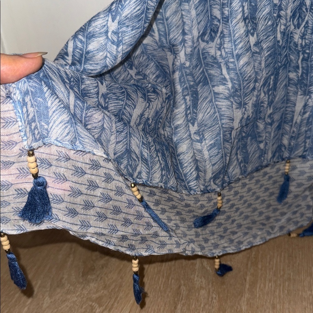 Blue and White Patterned Tassel Scarf Wrap - Picture 2 of 4